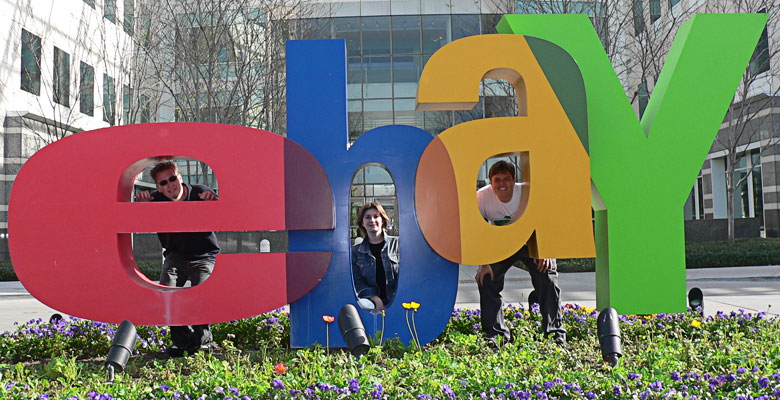 The ebay logo, Tim inside the 'e', Zhanna behind the 'b' and Daniel inside the 'a'