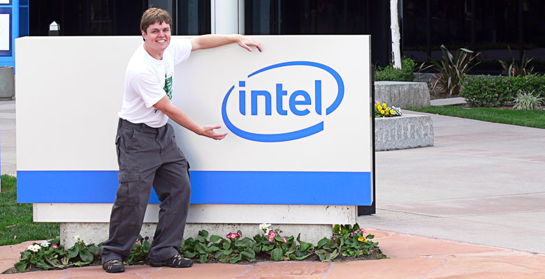 Daniel sorta holding the Intel logo